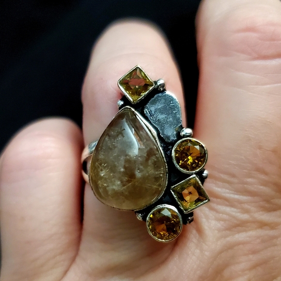 New Golden Rutilated Quartz and Citrine 925 Silver Ring. - Picture 5 of 12